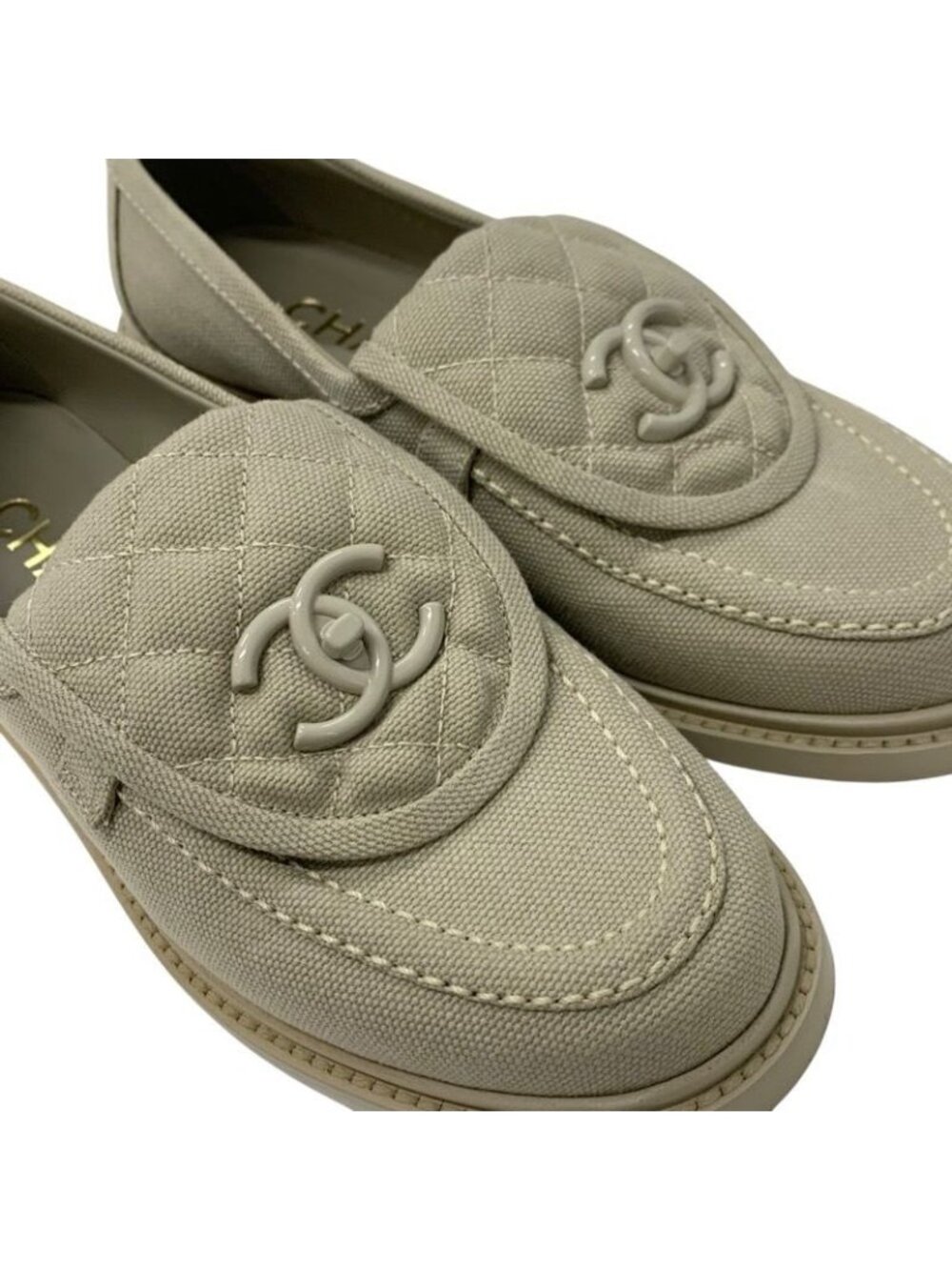 Chanel Loafers Leather Shoes Fabric Beige Coco Mark Turn Lock Flat - Picture 9 of 9